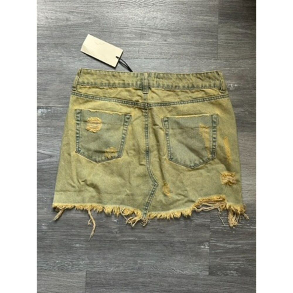 Uniq by Litz Distressed Jean Denim Mini Skirt S Washed Green/Yellow - Picture 2 of 3